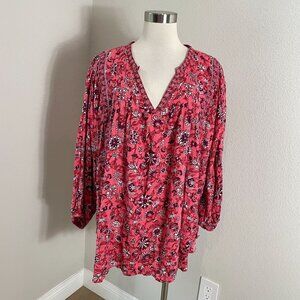 Old Navy Womens Plus 3X Floral V Neck Blouse Pink Boho Long Sleeve Shirt
